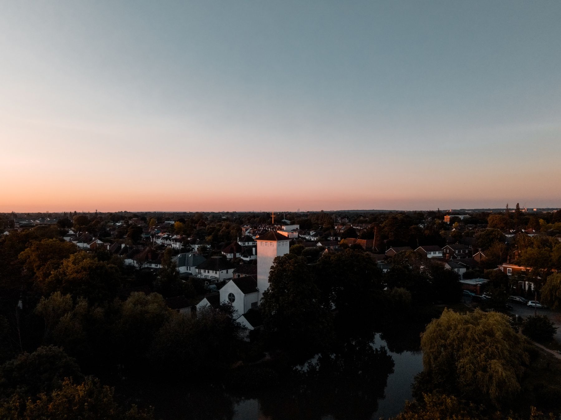 Aerial view of a Surrey neighbourhood at sunset